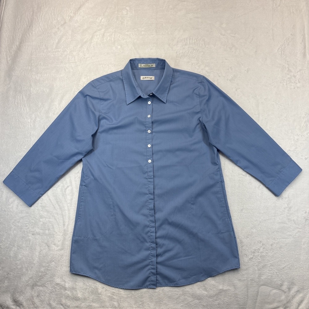 Orvis Carefree Vtg Y2K Womens 12 Blue Button-Down Shirt 3/4 Sleeve Pockets
